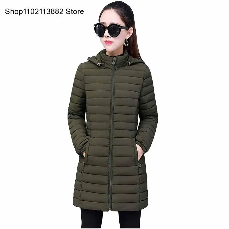 Lightweight Padded Jacket Winter Women\'s Removable Hood Warm Cotton Long Parka