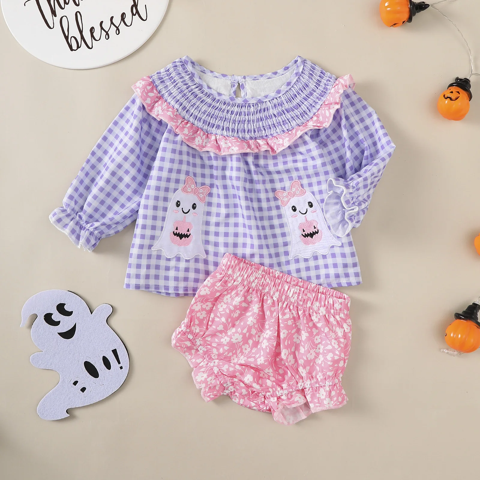 Langärmeliges Halloween-Outfit-Set für Kleinkinder mit Geistermuster, Babykleidung, Geister-Themen-Ensemble für Halloween für Kleinkinder und Mädchen – Detail 1