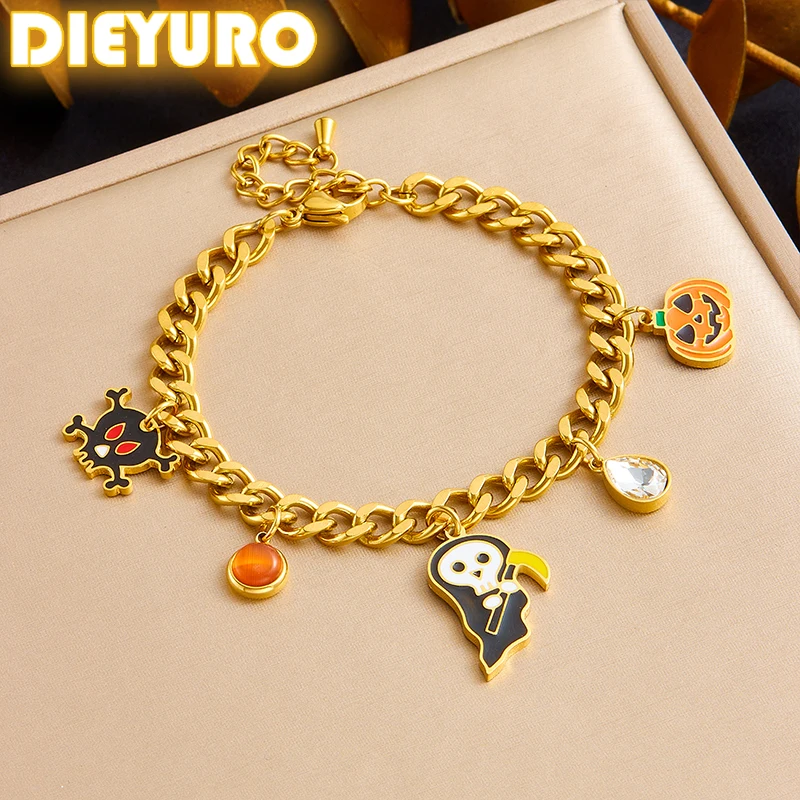 DIEYURO 316L Stainless Steel Cute Funny Death Reaper Sickle Pumpkin Halloween Bracelet Girl  New Hand Jewelry Lady Gift Party