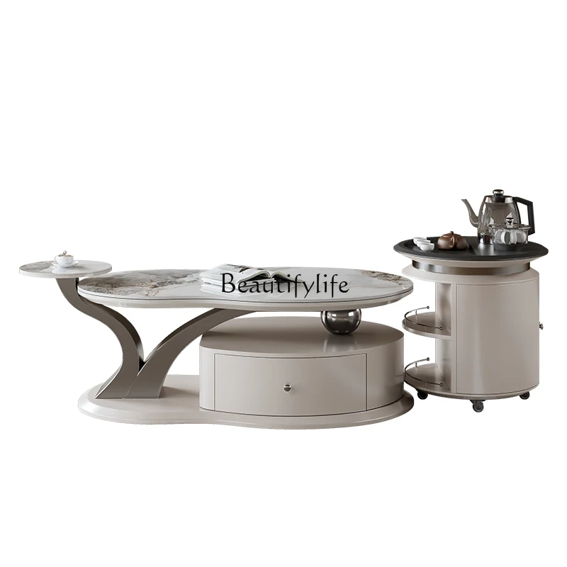 

Modern simple rock slab kung fu tea table light luxury living room home creative mobile combination table tea integration