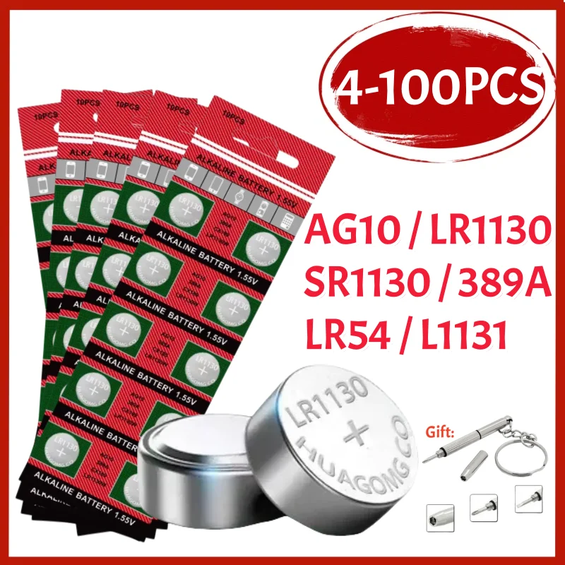 4-100PCS AG10 LR54 Button Batteries LR1130 389A L1131 SR1130 1.55v High Capacity Button Cell Coin Battery for Watches Calculator