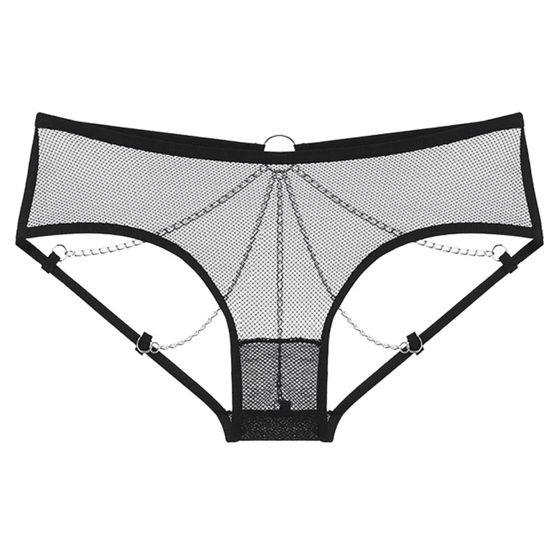 Womens Metal Sexy Thongs Metal Chain Panties Sexy Black Mesh Briefs Lingerie