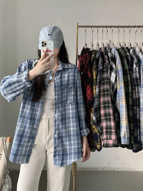 

Женская рубашка-кардиган в французском стиле, свободного кроя, с длинными рукавами, красная клетчатая верхняя одежда, дышащий весенний модный повседневный топ