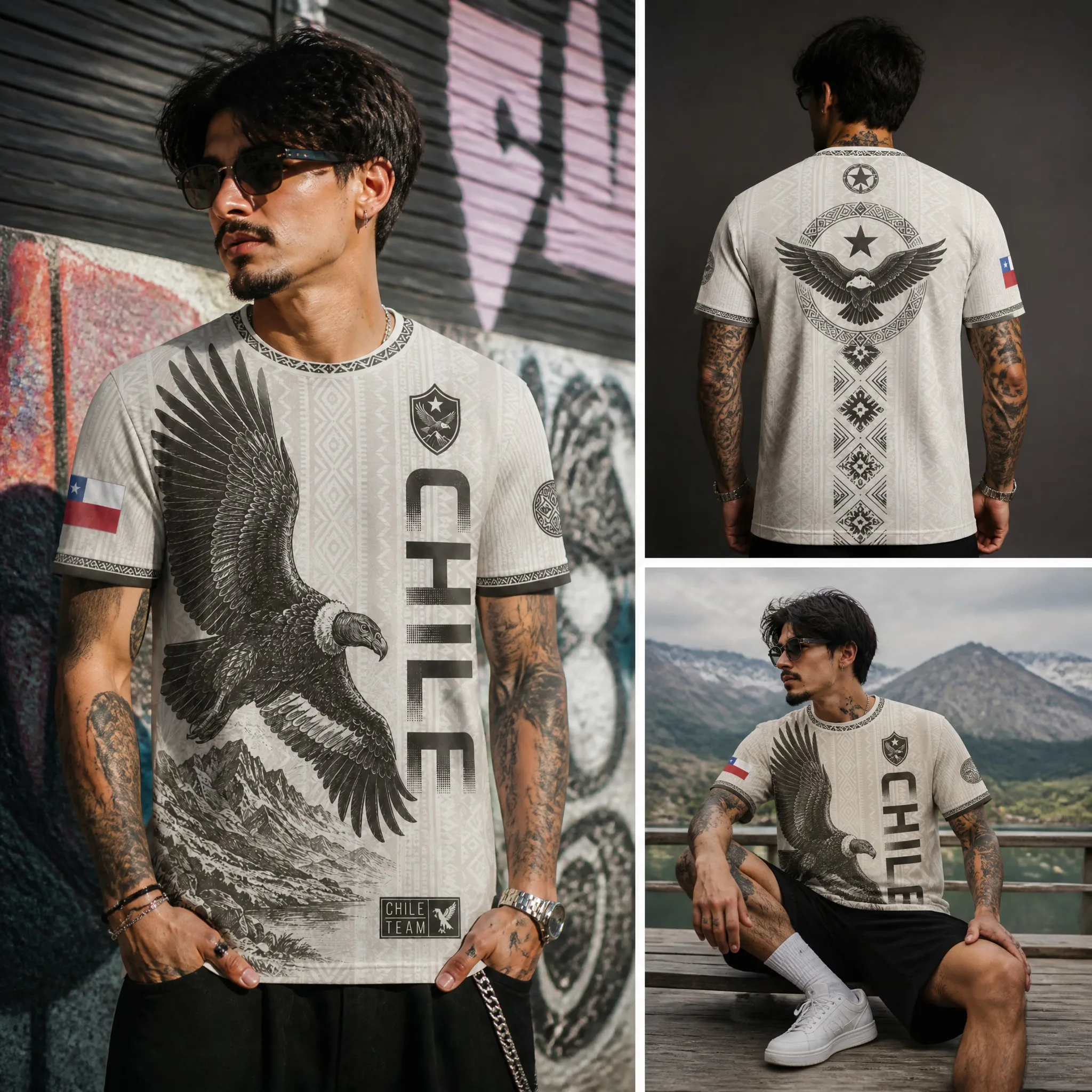 Mens Crew Neck T Shirt Chile Black Gold Flying Eagle Mountain Graphic Short Sleeve Casual Street Outdoor Team Style Top Wear Tee