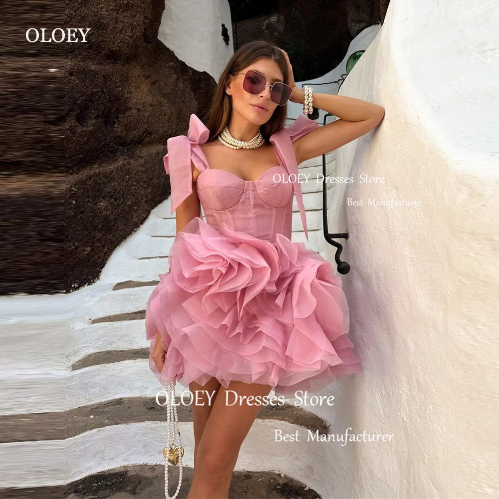 

OLOEY Blush Pink Short Ruffles Prom Party Dresses Adjustable Straps Organza Sweetheart Mini Cocktail Dress Homecoming Gowns