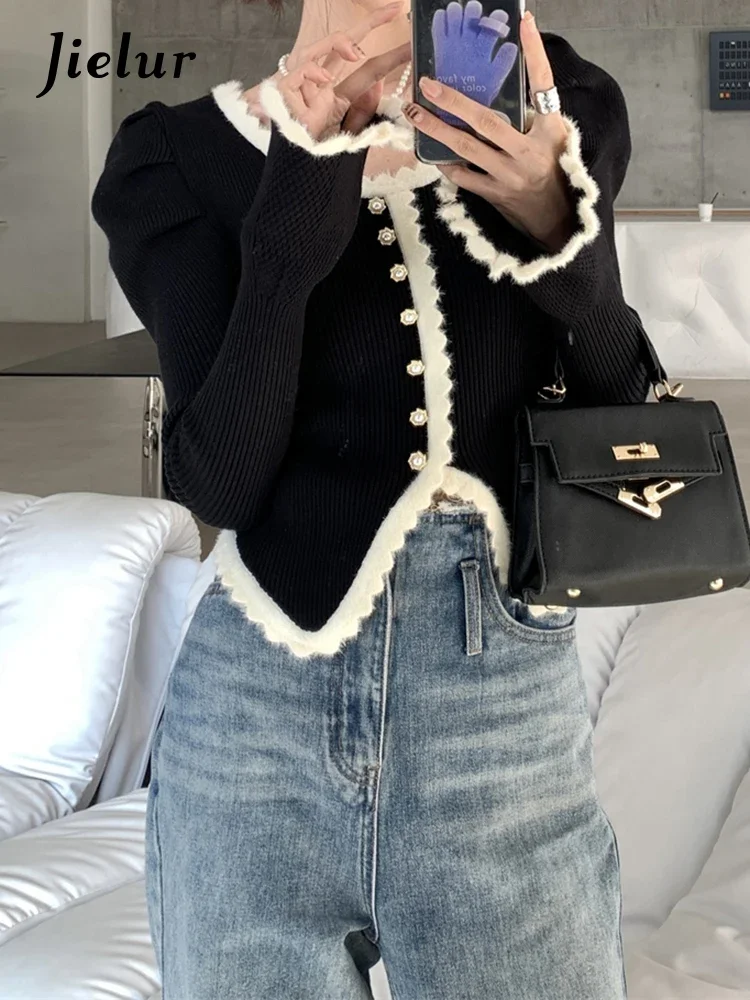 Jielur Autumn New Contrast Color French Cardigan Woman Sweet Ladies Elegant Women Cardigan French Black Knitted Cardigan Female