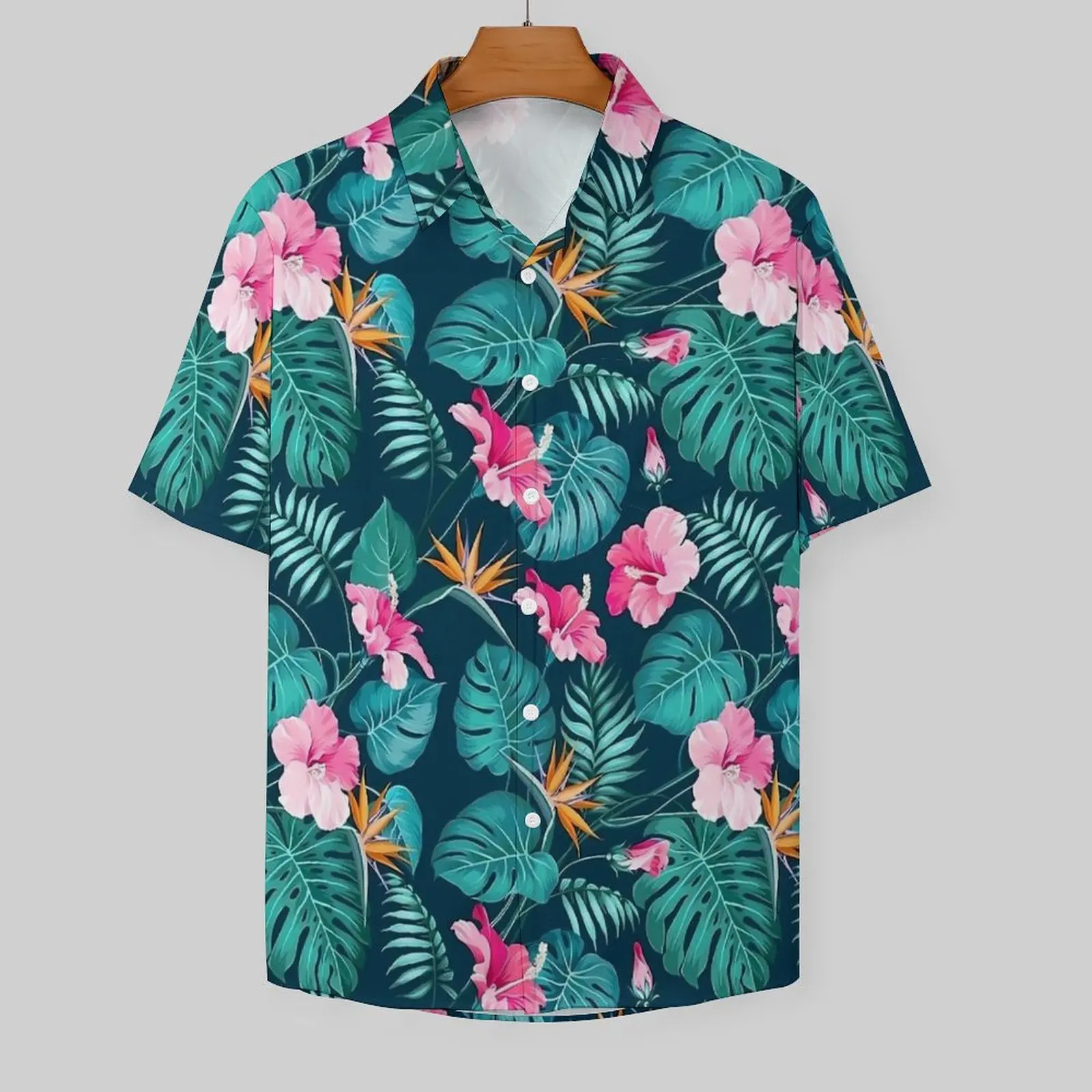 Tropical Flower Beach Shirt Pink Floral Print Hawaii Casual Shirts Men Classic Blouses Short Sleeve Korean Fashion Custom Tops