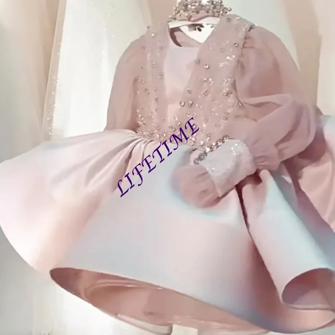 Customized Infant Sequin Baptism Gown Fluffy Dress for Baby Girl Toddler Vestido Wedding Costume Kids Long Sleeved Birthday Flow