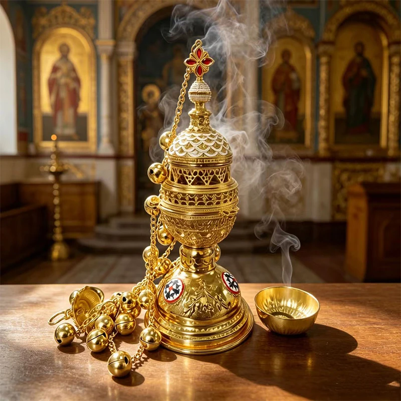 Neu2026 Vergoldeter Katholisch-Orthodoxer Hängender Weihrauchbrenner 32cm 4 Glocken Emaille für Kirchenliturgie Heimaltar Gebetsgeschenk Dekoration – Detail 1