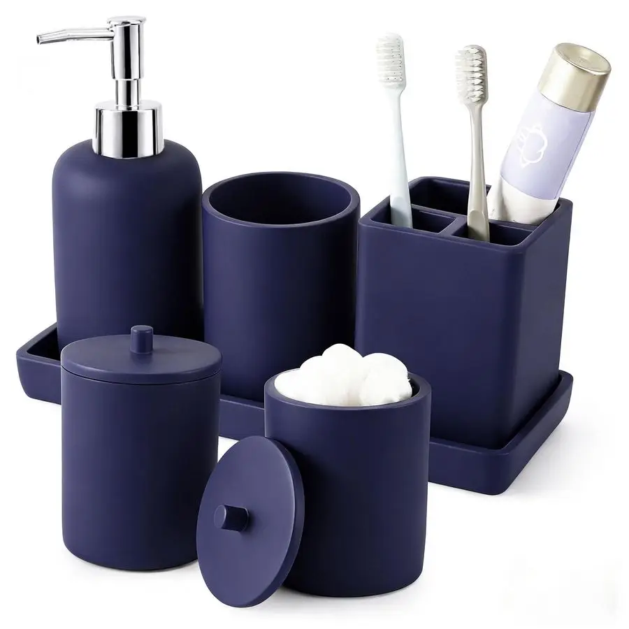 

6 Pcs Navy Blue Bathroom Set Complete with Toothbrush Holder, Lotion Soap Dispenser, 2 Qtip Holder Dispensers,Vanity Tray,Bathro