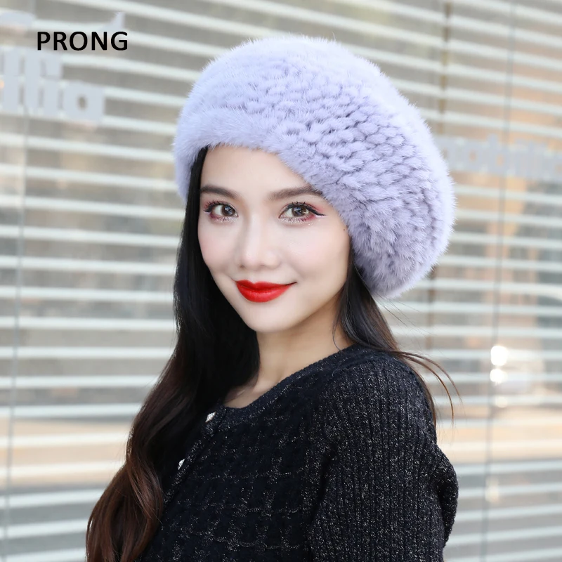 Women Mink Fur Berets Winter Warm Beanie Hat Solid Color Elegant Lady Caps