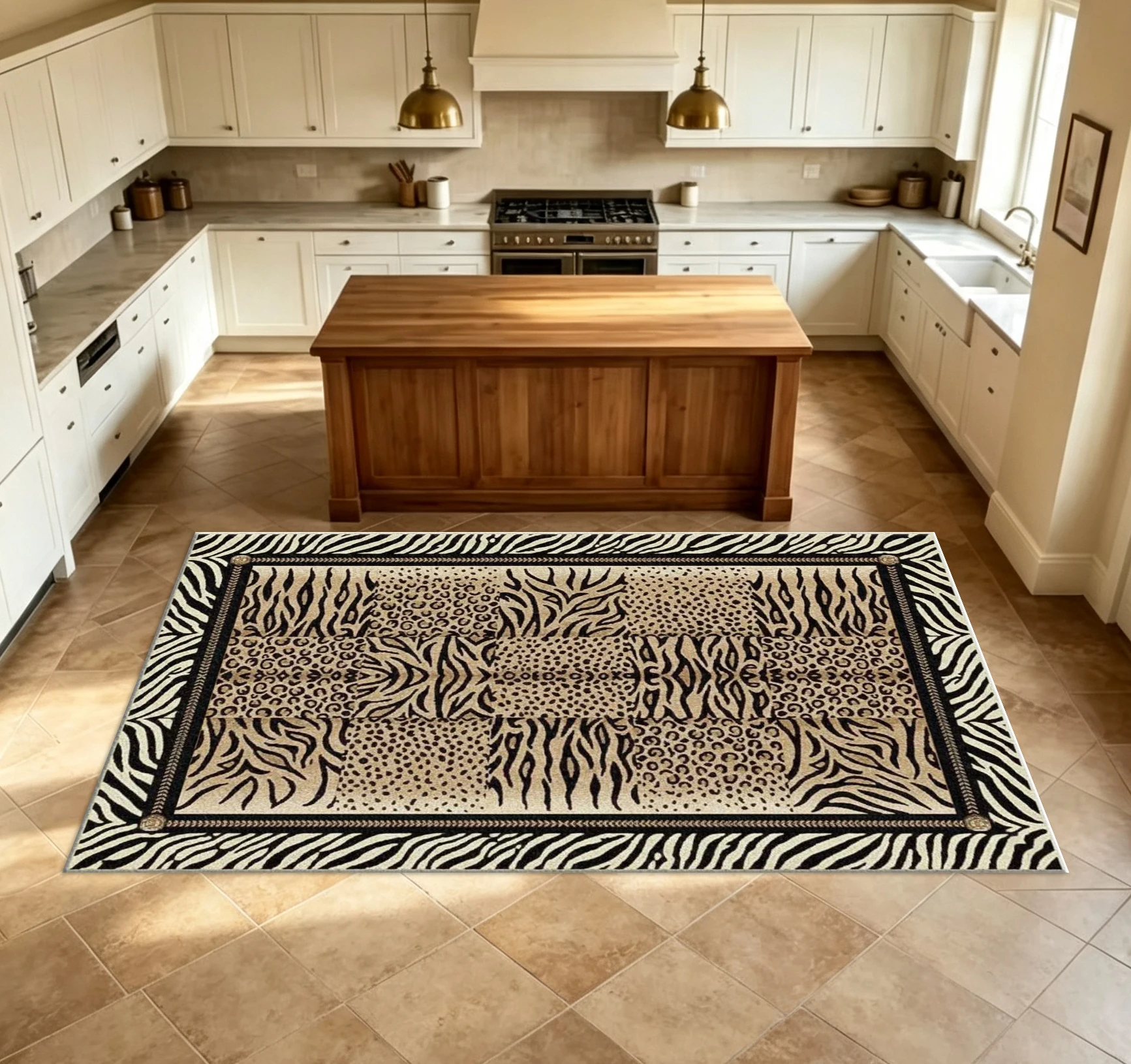 Zebra and Leopard Patchwork Animal Pattern Carpet Unique Fur Patchwork Border Printed Rug Modern Hunting Style Home Carpet
