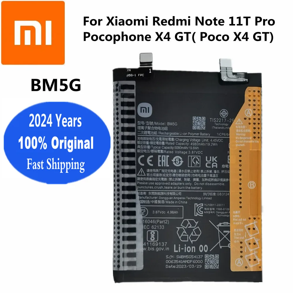 

New BM5G Original Phone Battery For Xiaomi Redmi Note 11T Pro / Pocophone X4 GT / Poco X4 GT 5080mAh Replacement Batteries