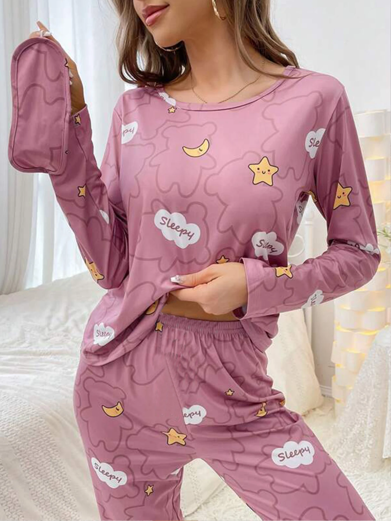 Set pigiama donna Cloud Moon Star Print manica lunga girocollo Top pantalone elastico con maschera per gli occhi pigiameria da donna Loungerwear