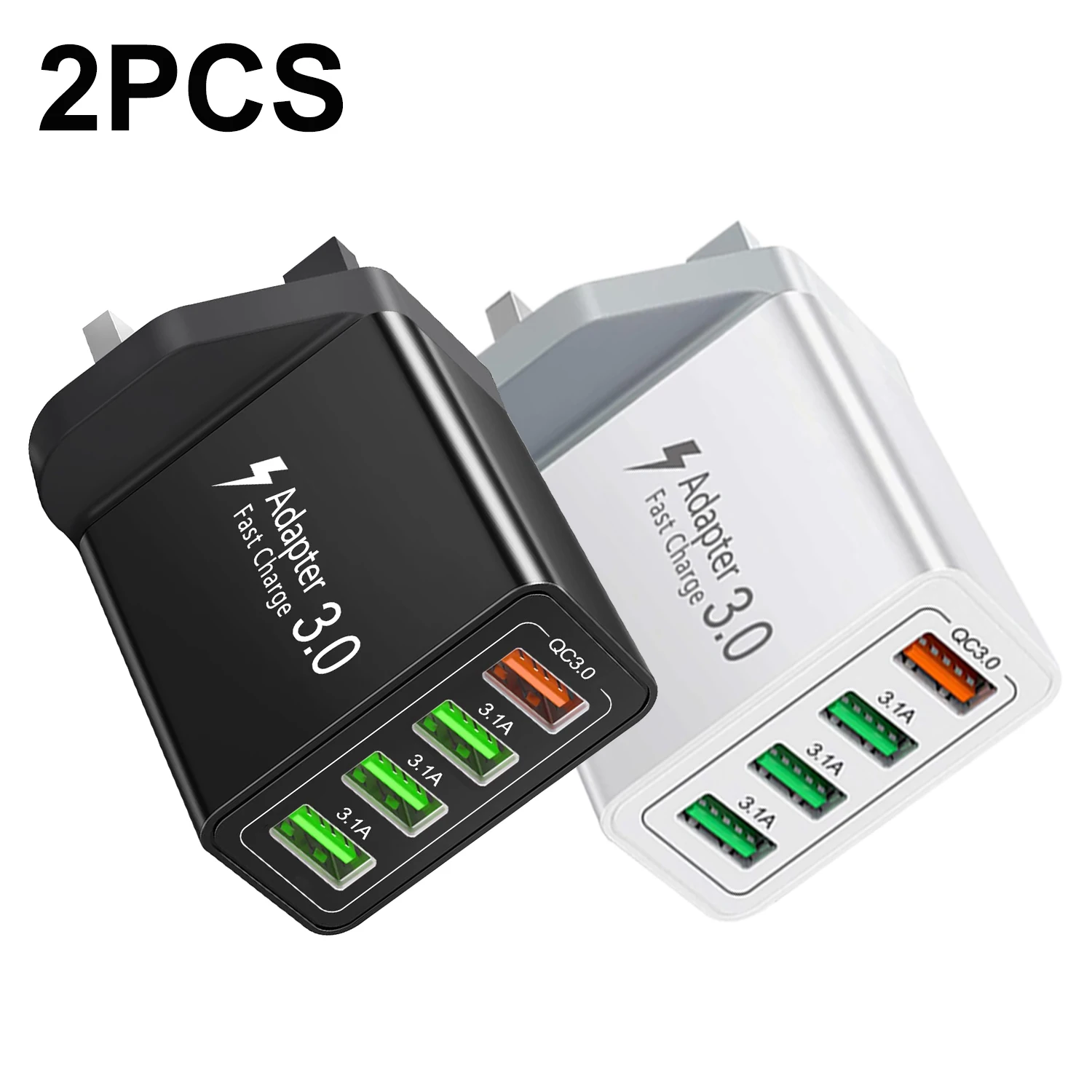 

Набор из 2 зарядных устройств с британской вилкой QC3.0 USB, 33W, 4-портовый адаптер быстрой зарядки для iPhone, Huawei, Xiaomi