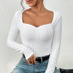 Autumn New T Shirt Women Solid Color Long Sleeve Square Neck Lace Hollow Out Slim Ladies T Shirts Fashion Elegant Streetwear Top