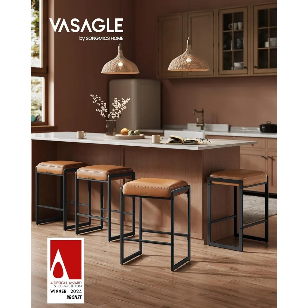 Mid-Century Modern Style Counter Height Bar Stools Set of 2, Synthetic Leather with Stitching