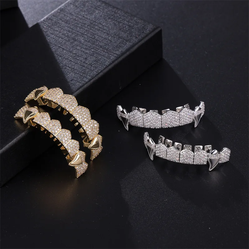 TrendMen Hiphop Rock Vampire Copper Zirconia Tooth Socket Dental Crown For Men Boys Gold Color Metal Crystal Party Jewelry Gifts