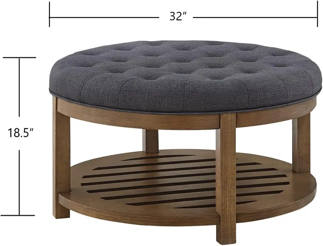 24KF Large Round Upholstered Tufted Linen Ottoman Coffee Table, Large Footrest Ottoman with Wood Shelf Storage-Charcoal