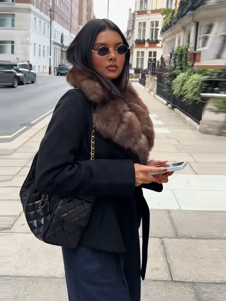 

Autumn Winter Bomber Coats Chic Lady Outerwears Faux Fur Collar Lace Up Woolen Overcoat Women Elegant Full Sleeve Waist Cinching