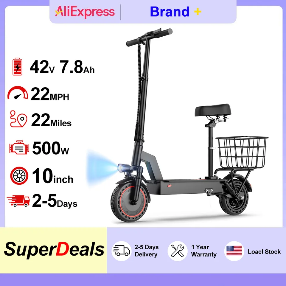 10inch Solid Tire Electric Scooter 500W Powerful Motor 7.8AH Battery 22Miles Max Range 22MPH Max Speed Dua Shock Absorption Foldable Adult Ebike with Seat and Basket for Commuting