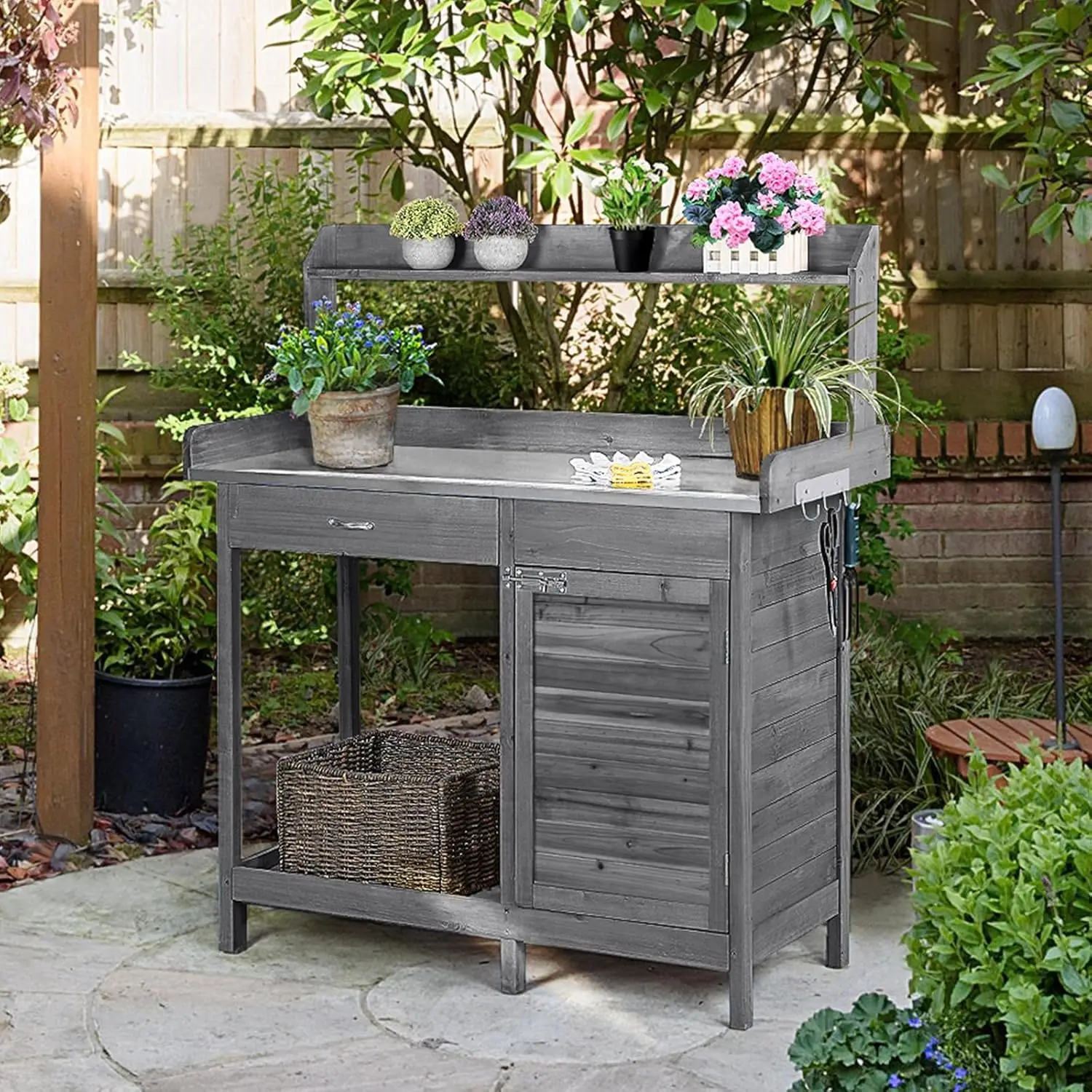 Outdoor Potting Bench Table, Garden Workstation w/Metal Tabletop/Cabinet Drawer/Open Top/Lower Shelf/Handy Hooks