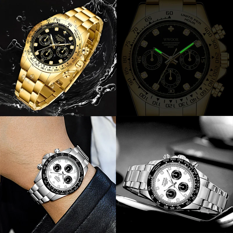 WWOOR Watch For Men Fashion Luxury Sport Chronograph Panda Dial Watches Waterproof Luminous Man Watch Auto Date Quartz Clock