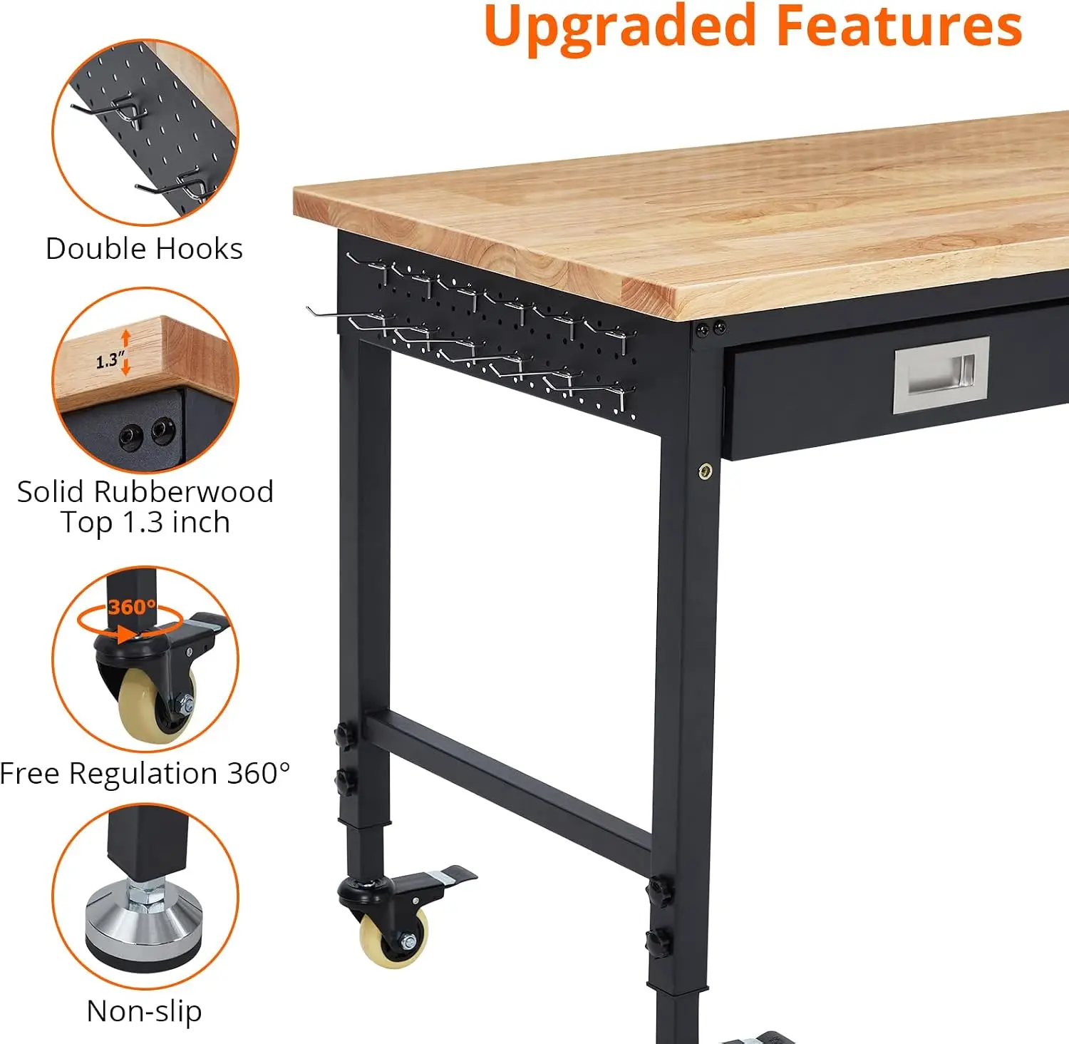 48X24X1.2 inch Heavy-Duty Rolling Workbench with Drawer Engine Parts Tool Cart Garage Rolling Workshop Adjustable Height for Garage, Workshop, Home 2000 lbs Capacity