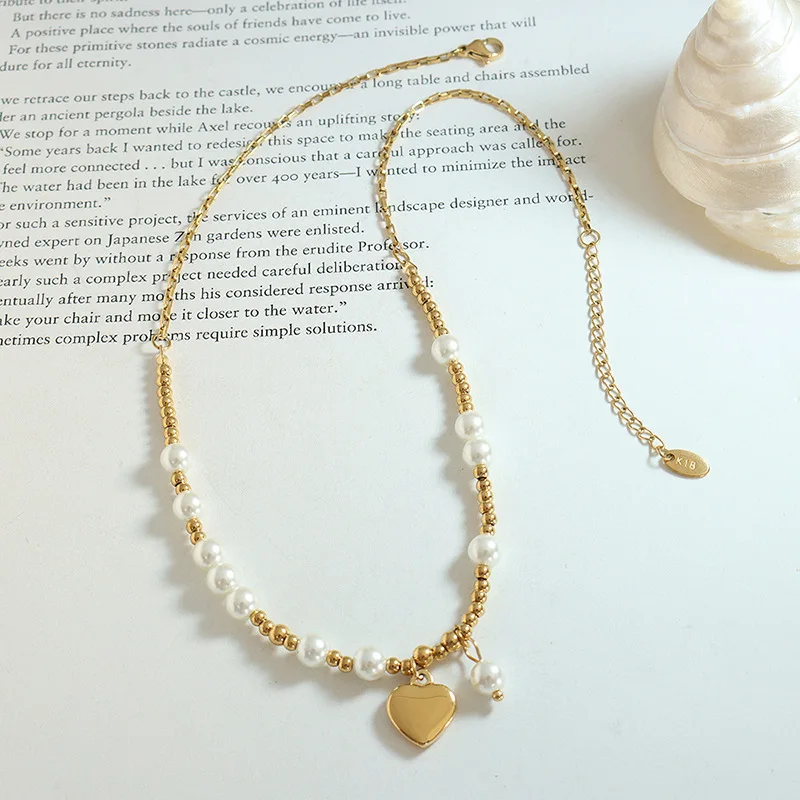 Imitation Pearl Heart Pendant Necklace 18k Gold Plated Stainless Steel Chain Adjustable Women\'s Jewelry for Party Gift