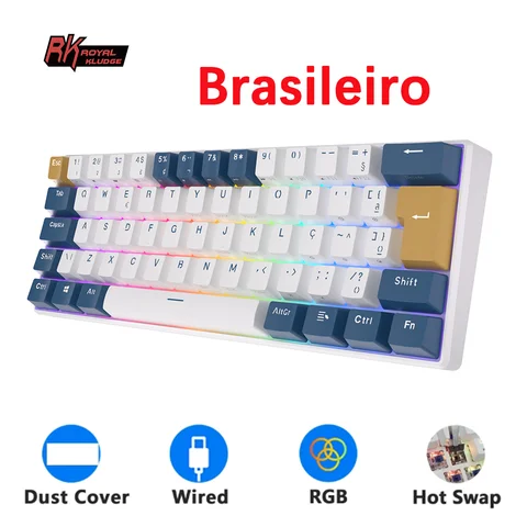 RK ROYAL KLUDGE RK61 Brazilian Portuguese Mechanical Keyboard Mini 61 Keys RGB Backlit Hot-swappables Gaming Wired Keyboards