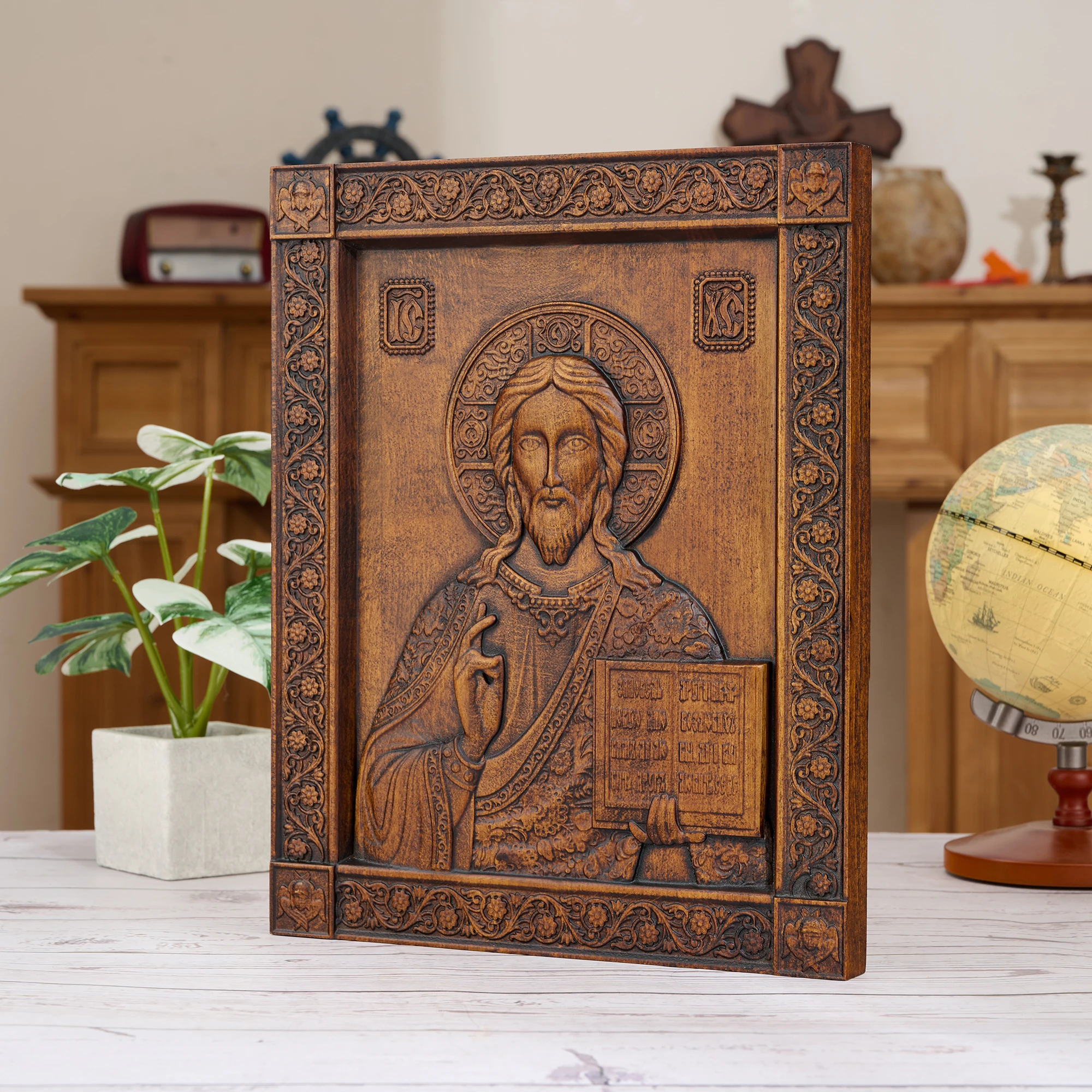 Hand‑Carved Orthodox Jesus Christ Icon Pantocrator Vintage Wood Relief Plaque Ornate Floral Border IC XC Inscription Religious W