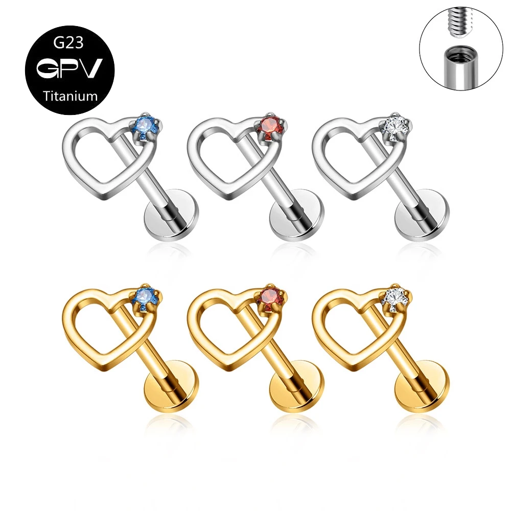 

ASTM G23 F136 Heart shaped Earnail Internal Thread CZ Plated 18K Gold Classic Women's Ear Cartilage Nail Perforated Jewelry