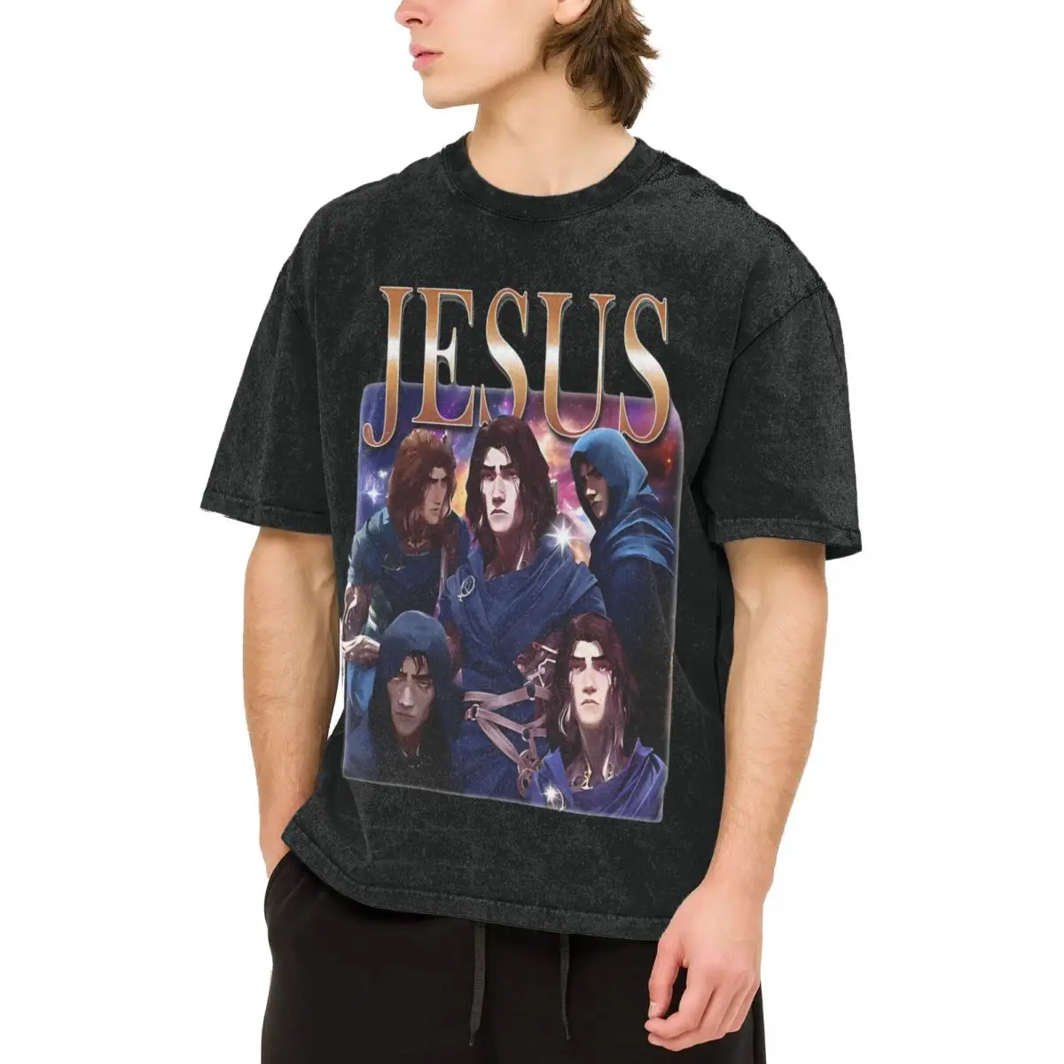 Man T Shirt Viktor Jesus Arcane Anime Game Washed T-Shirts Trendy Cool Summer Tees Y2K Retro Printed Casual Tops Gift