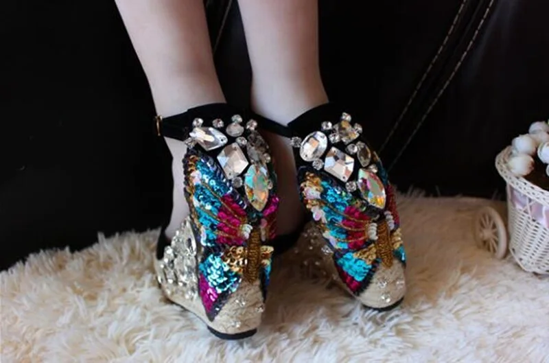 Bling Bling Rhinestone Sequin Butterfly Weave Braid Wedge Sandals Open Toe Ankle Strap Black Suede 10CM Platform Summer Shoes