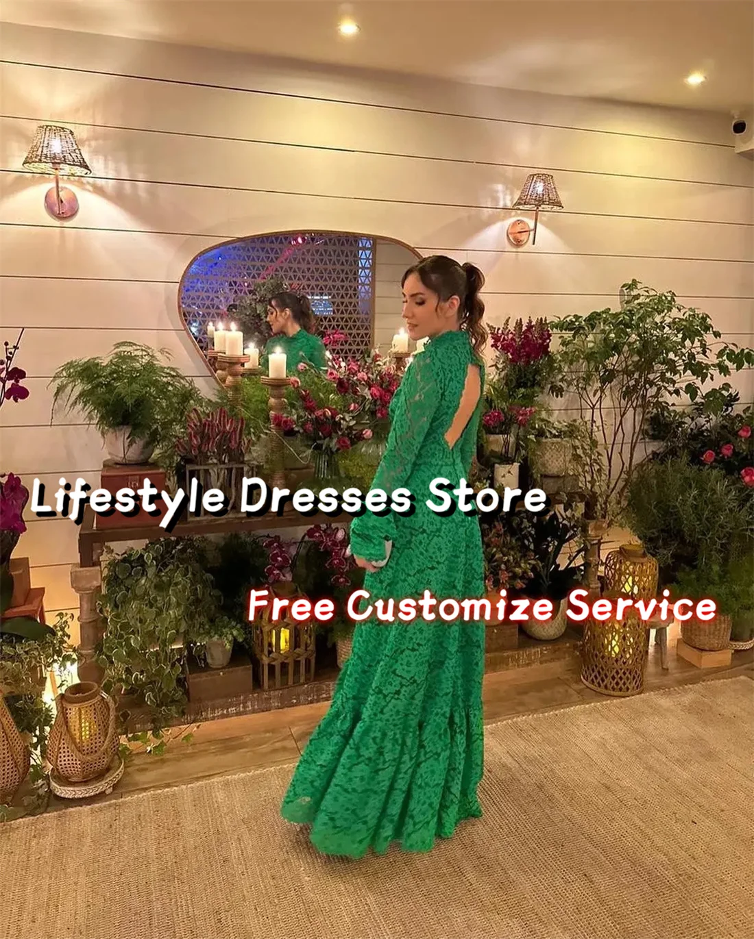 Customized Green Elegant Women Evening Gowns Long Sleeves Lace Prom Dresses High Neck Open Back A-Line Formal Party Dresses