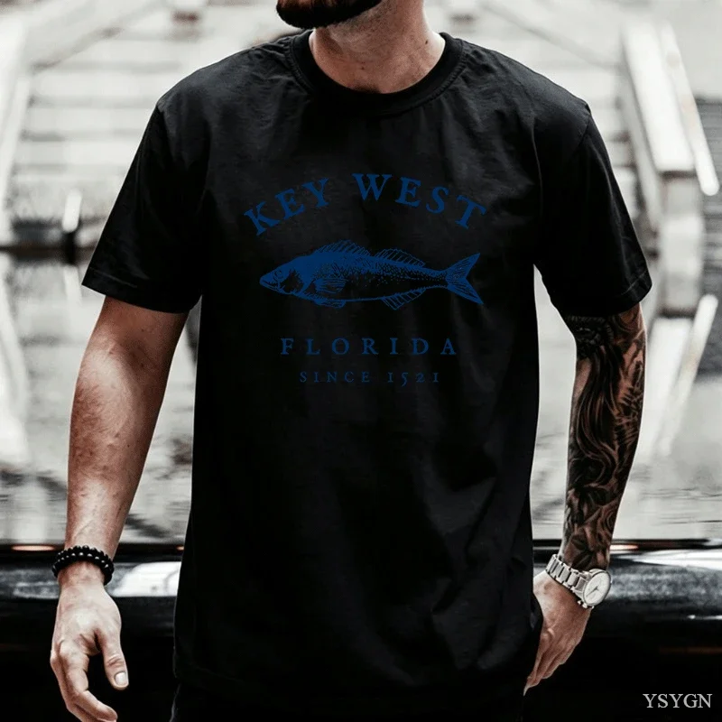 Key West Florida Vintage Fish Graphic Print Men Women T-Shirt Coastal Beach Florida Vacation Casual Tee Summer Short Sleeve Tops