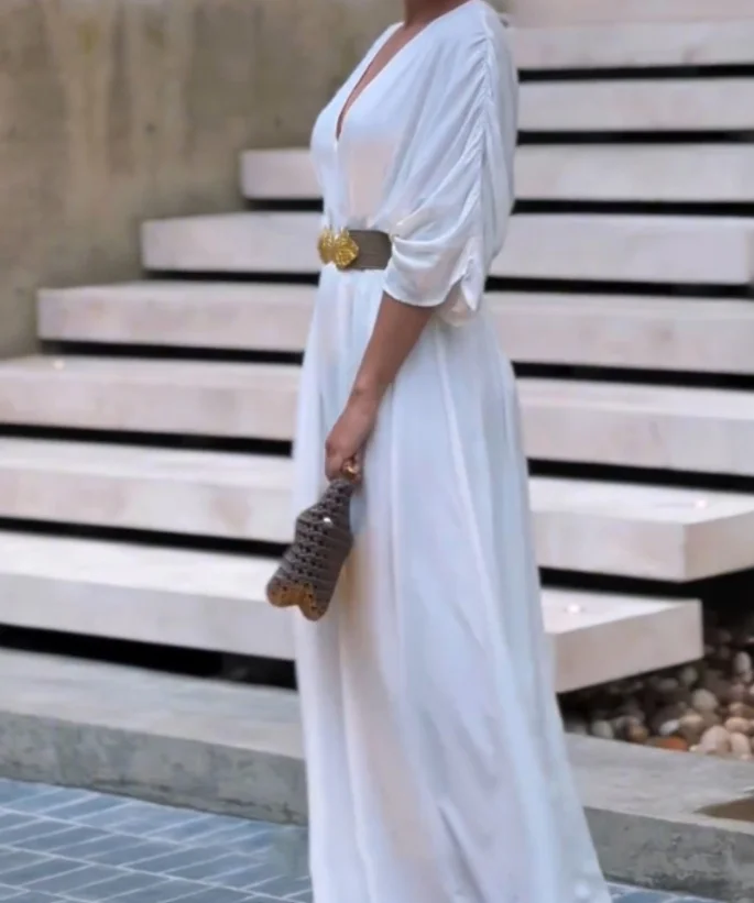 V-neck half sleeved pleated jumpsuit fashionable and elegant, new women's clothing for summer 2025