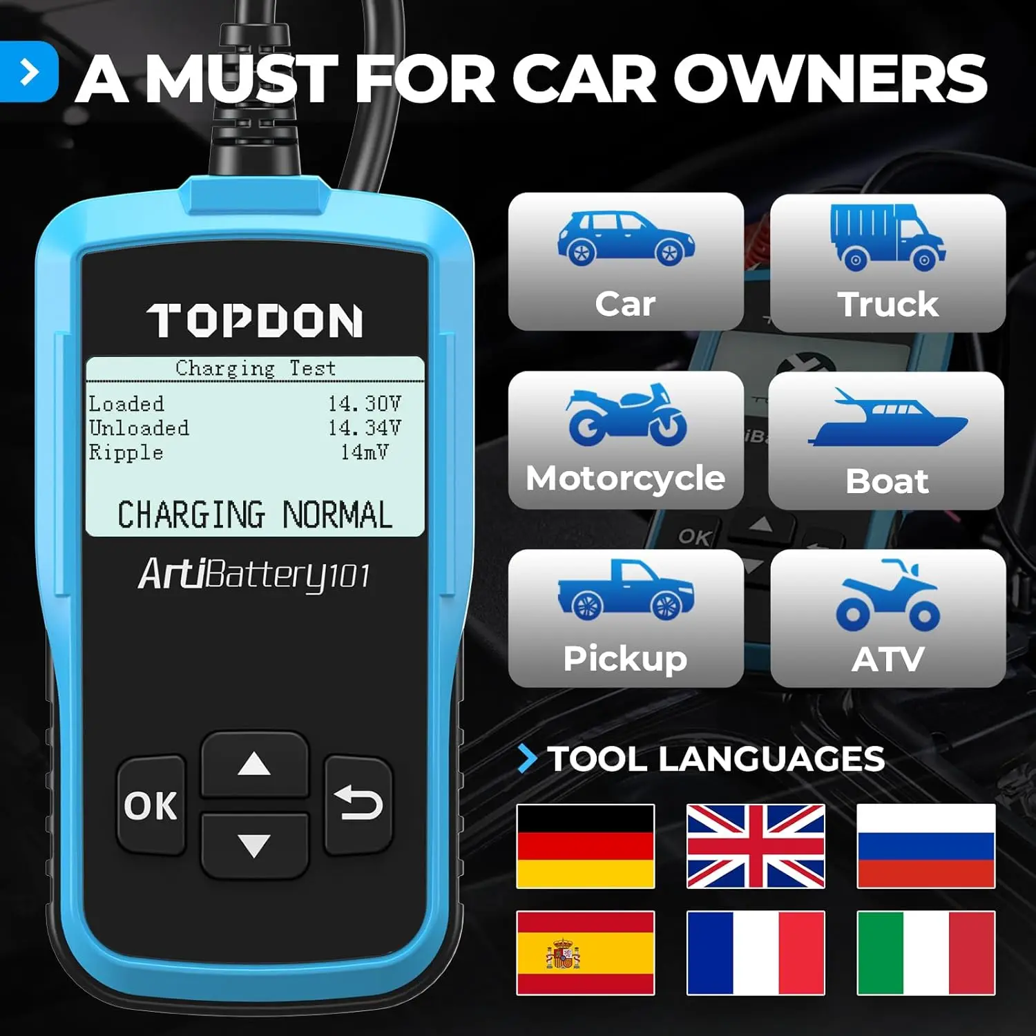 TOPDON BT30/AB101 12V Car Battery Tester Digital Automotive Diagnostic Analyzer Vehicle Cranking Charging Scanner Multifunction