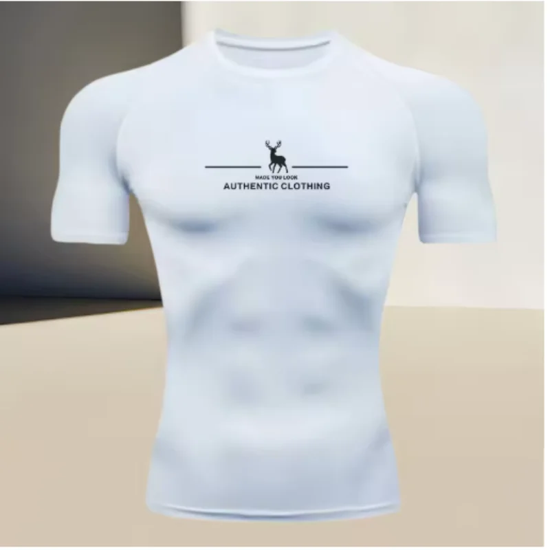 Men's White Deer Print Compression Shirt, Quick Dry Black/Navy Blue Fitness Tight Top, Stretch Rash Guard for Gym & Workout
