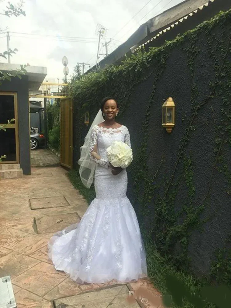 Customized Scoop Neck African Lace Appliques Wedding Dresses Sweep Train Plus Size Long Sleeves Mermaid Country Bridal Gown