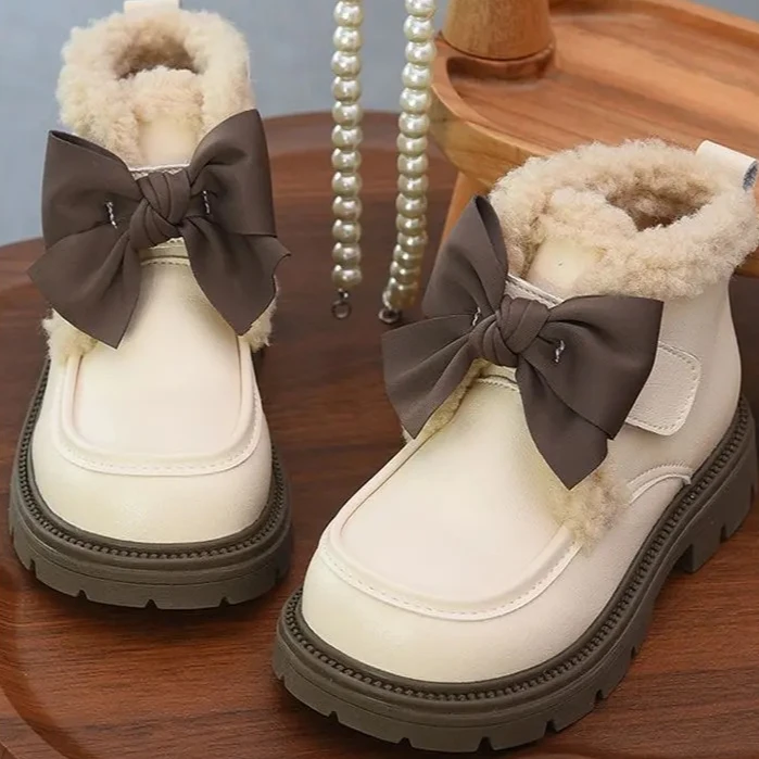 

Детские короткие сапоги для девочек, модные, бежевые, с бантом, утепленные, из кожи, для детей и малышей