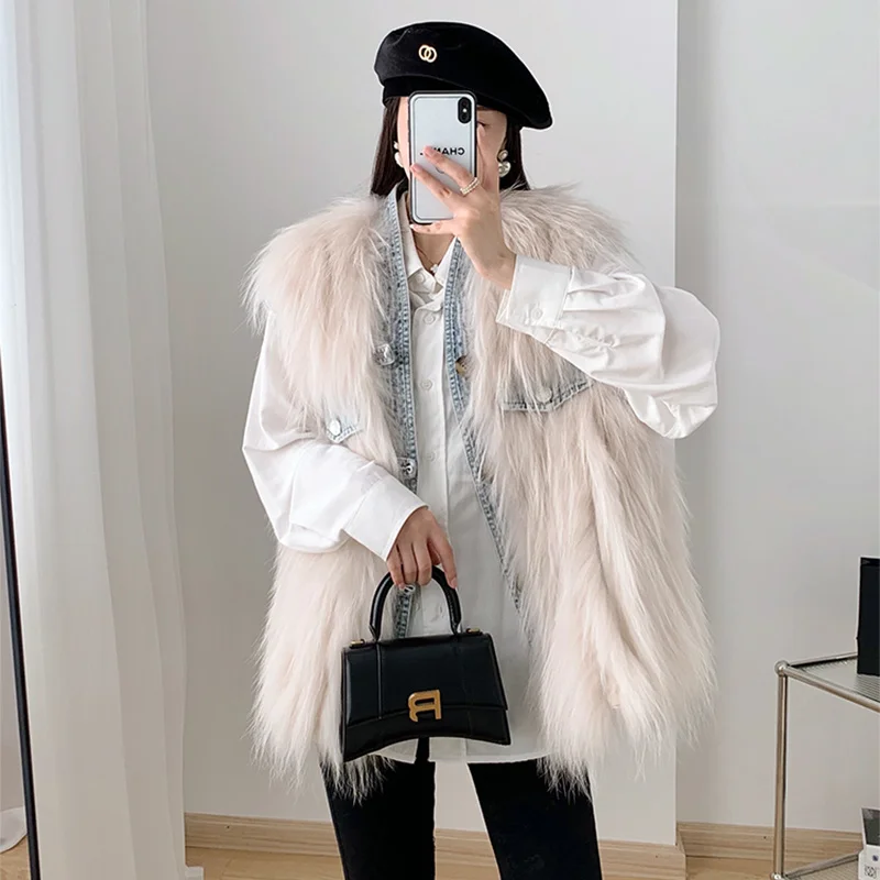 

Dog Fur Vest Women's Raccoon Short 2023 Autumn and Winter Casual Single-breasted Denim Patchwork High Quality Real Fur Jacket