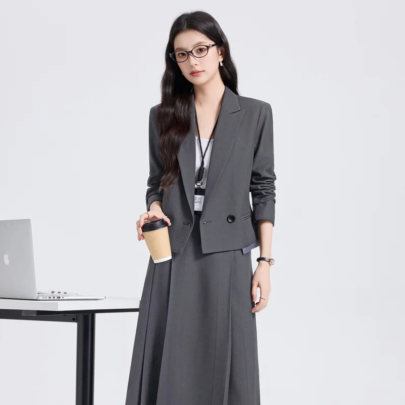 

Gray women's suit set for autumn, professional two-piece outfit for commuting, blazer and skirt, elegant formal attire for inter