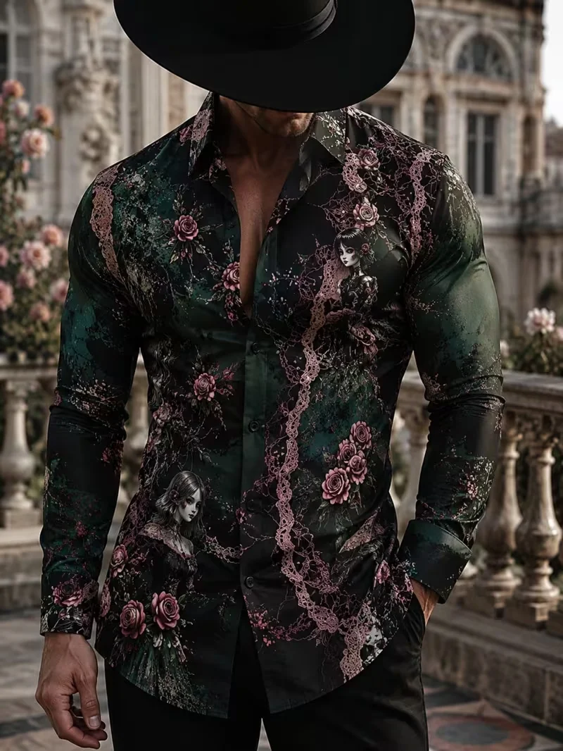 New dark green black vintage Gothic rose long sleeved shirt, dark romantic men's personalized party shirt