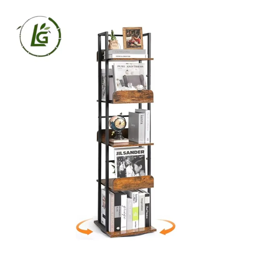 

Rotating Metal Bookshelves Narrow Bookcase 5-Tier Wood Swivel Bookshelf Tower for Corner