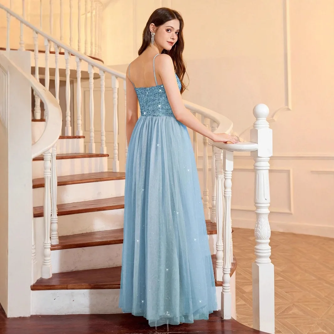 Sexy Slit Party Sequin Evening Gown Sheer Women's Suspender Dress Bridesmaid Dress