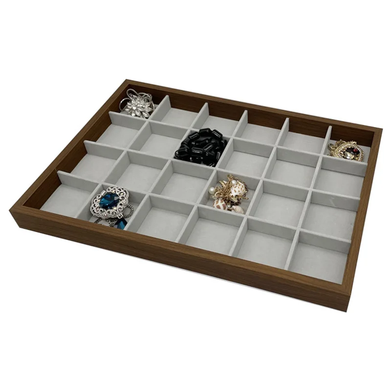 Wooden Velvet Jewelry Storage Tray Rings Earring Necklace Bracelet Pendant Display Holder Showcase Jewelry Drawer Organizer