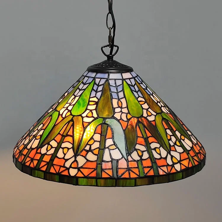 Pendant Lighting Stained Glass Cone Lampshade Hanging Light Antique Art Bamboo Pattern Ceiling Lamp