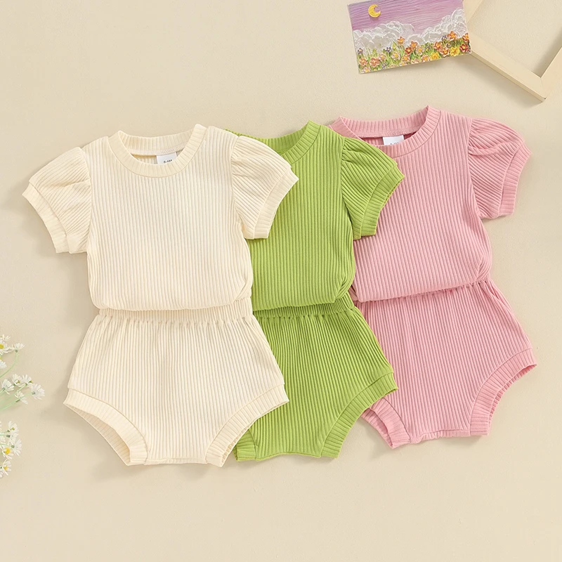 

Baby Girls 2 Piece Outfit Solid Color Ribbed Short Sleeve T-Shirt and Elastic Shorts Set Cute Summer Clothes for 0-24 Months