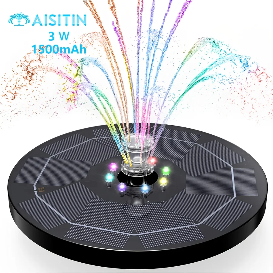 Solar Water Fountain Bird Bath for Outside - LED Colorful Lights, Battery, Multiple Nozzles - Universal for Outdoor Bird Baths